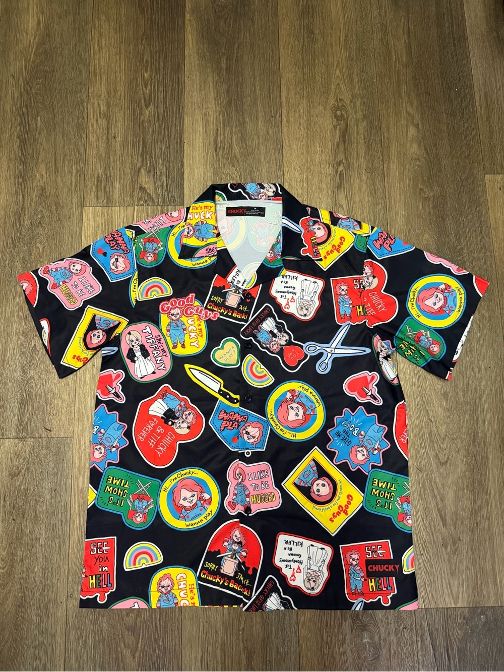 Chucky Graphic Print Short Sleeve Button-Down Shirt - Black Multi
